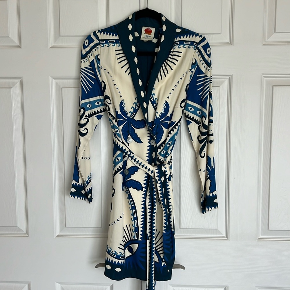 Anthropology- Farm Rio long sleeve dress, size small. Blue and cream color.